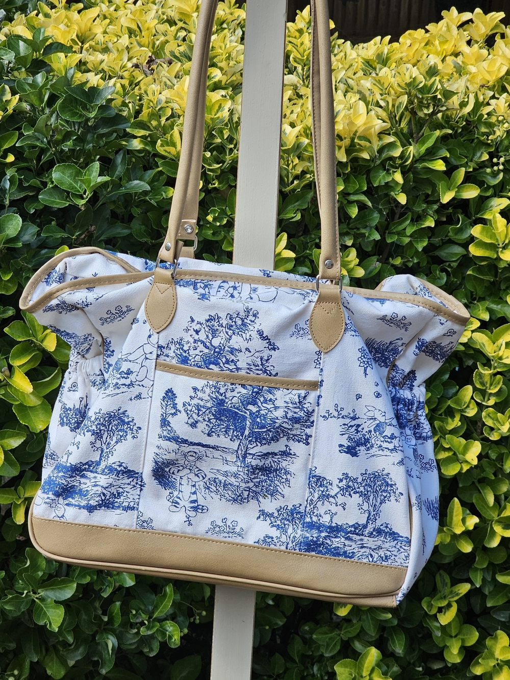 Disney Winnie the Pooh Canvas Tote Bag with Blue Toile Print and Tan Trim
